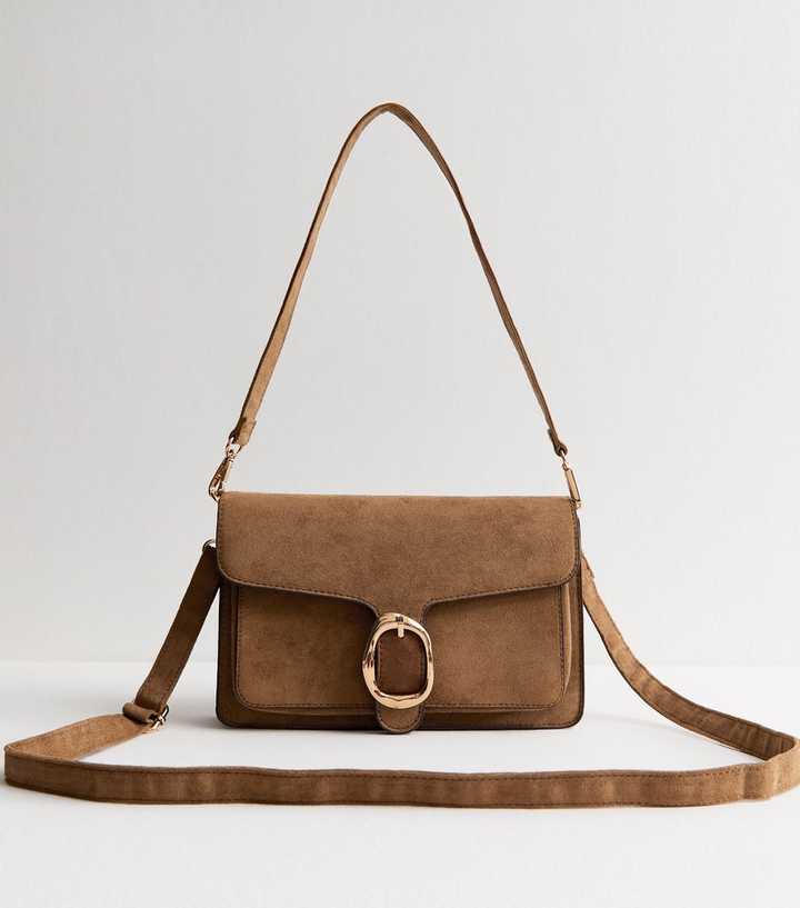 Tan Faux Suede Buckled Flap Shoulder Bag