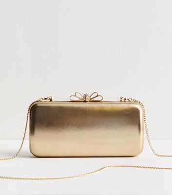 Gold Faux Leather Bow Clasp Box Clutch