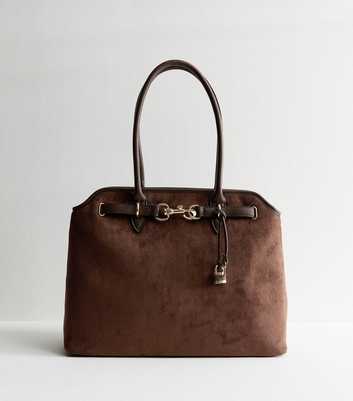 Dark Brown Faux Suede Belted Tote Bag