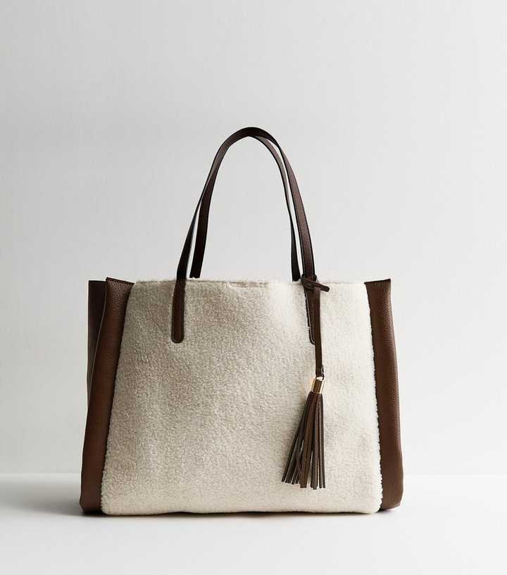 Brown Borg Faux Leather Trimmed Oversized Tote Bag