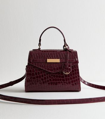 Burgundy Faux Croc Top Handle Cross Body Bag