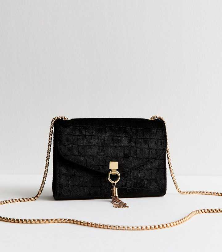Black Velvet Tassel Trim Crossbody Bag