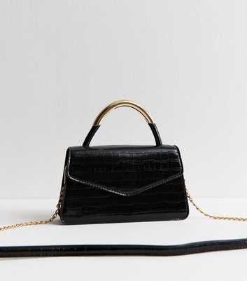 Black Crocodile Effect Faux Leather Top Handle Bag