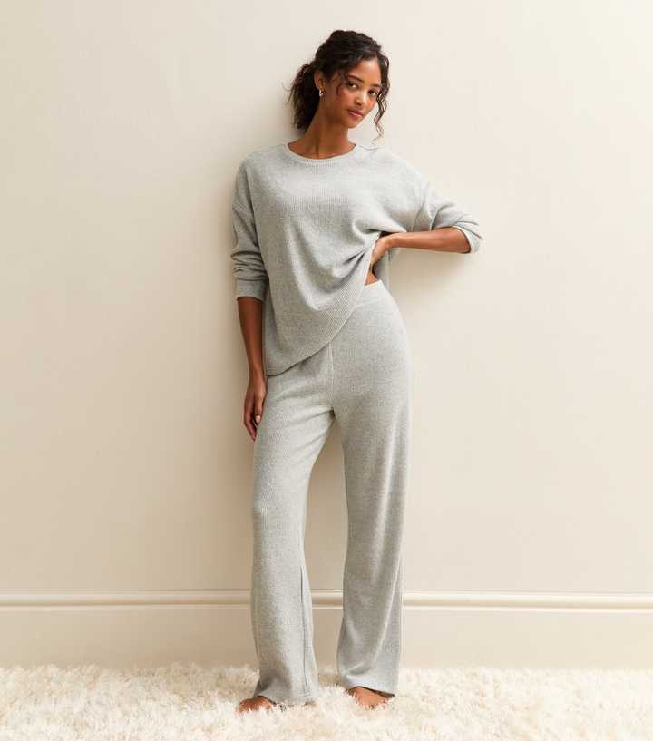 Grey Marl Brushed Ribbed Wide Leg Trousers