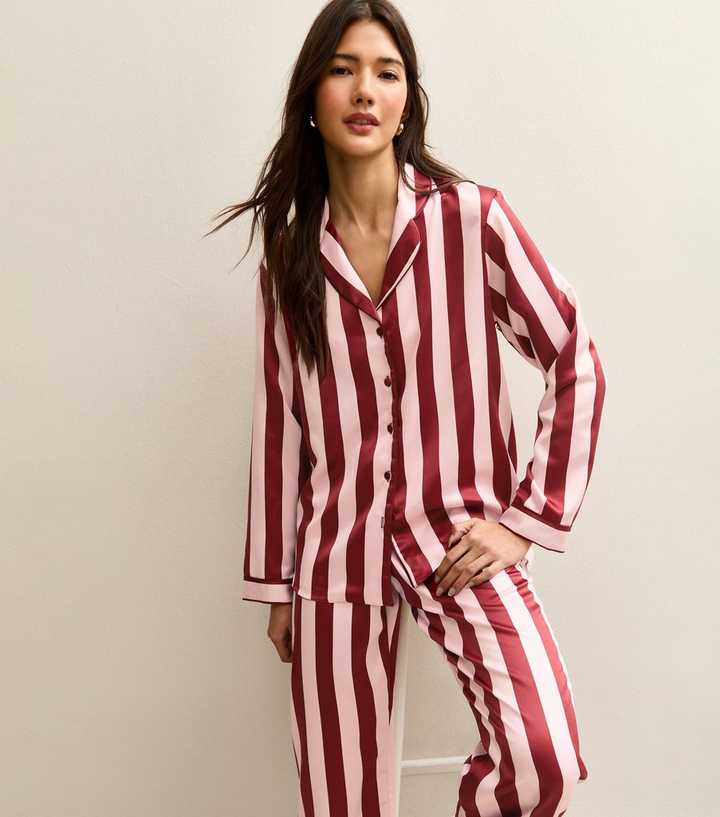 Red Satin Stripe Revere Collar Shirt and Trousers Pyjama Set