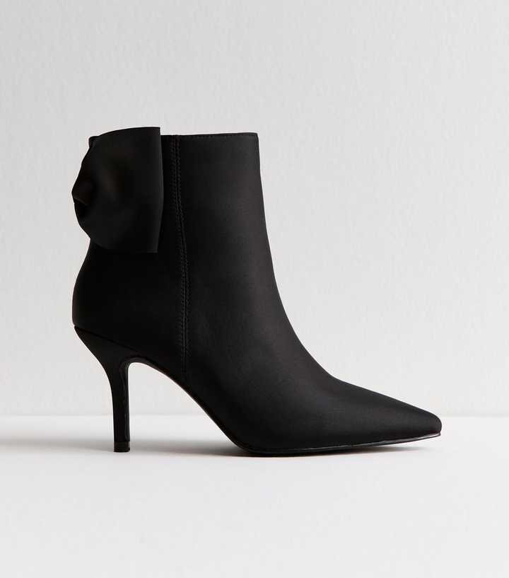 Black Satin Bow Applique Heeled Ankle Boots
