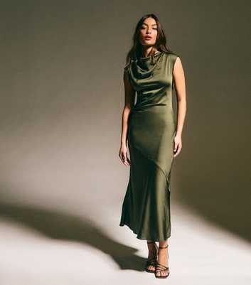 Light Khaki Satin Cowl Neck Midi Dress
