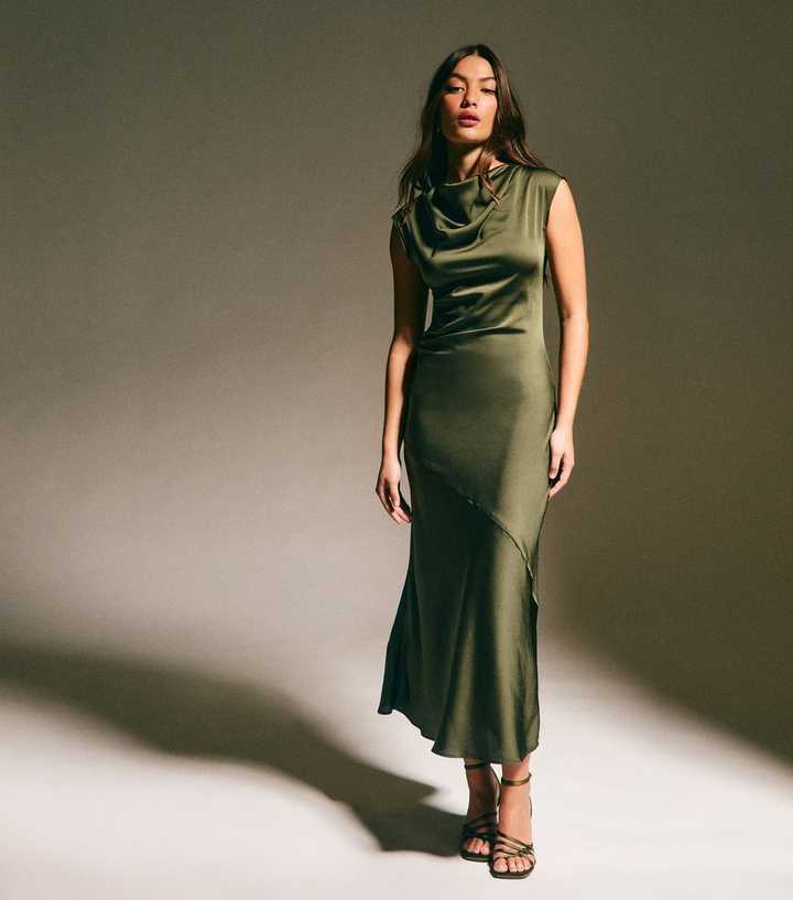 Light Khaki Satin Cowl Neck Midi Dress | New Look