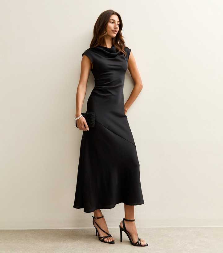 Tall Black Satin Cowl Neck Midi Dress