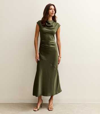 Tall Light Khaki Satin Cowl Neck Midi Dress