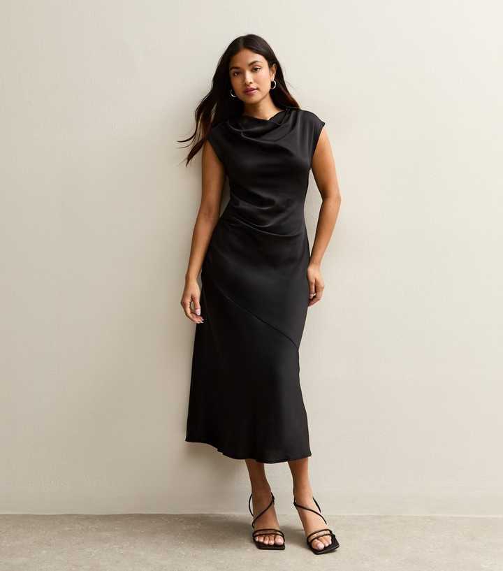 Petite Black Satin Cowl Neck Midi Dress