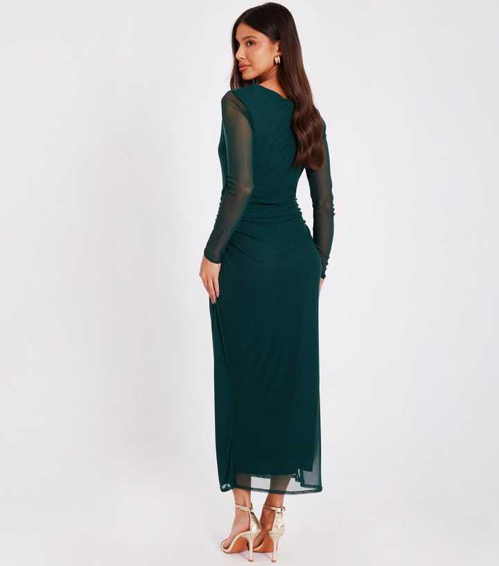 QUIZ Dark Green Mesh Wrap Midaxi Dress | New Look
