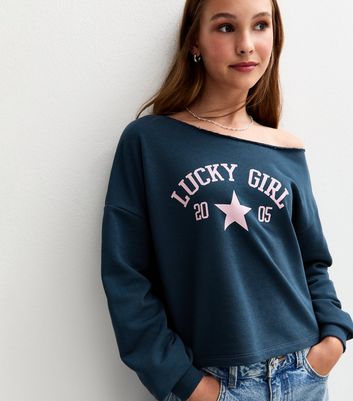 Girls Navy Star Girl Off Shoulder Sweatshirt