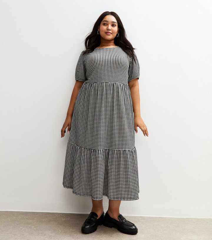 Curves Black Gingham Tiered Midi Dress