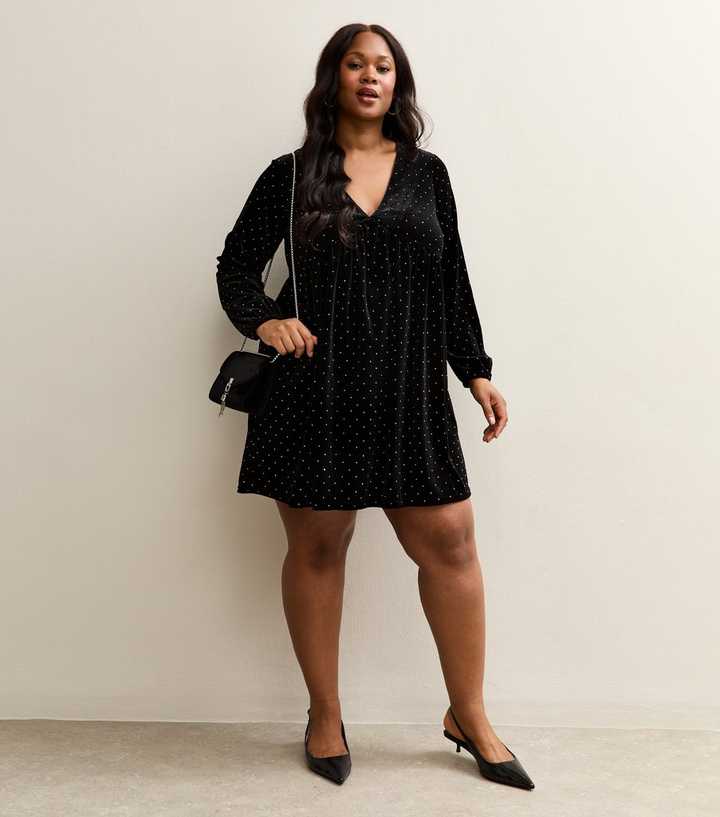 Curves Black Diamante Embellished Velvet Mini Dress | New Look