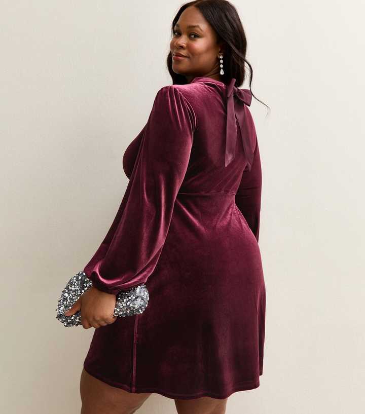 Curves Burgundy Velvet Bow Back Mini Dress