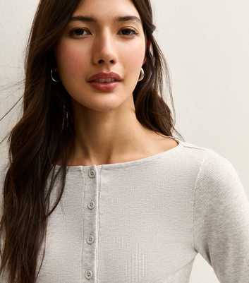 Grey Marl Ribbed Button Through Long Sleeve Top