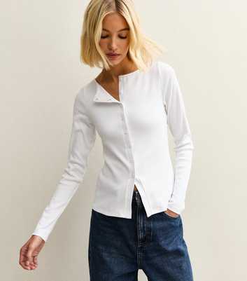 White Ribbed Button Through Long Sleeve Top