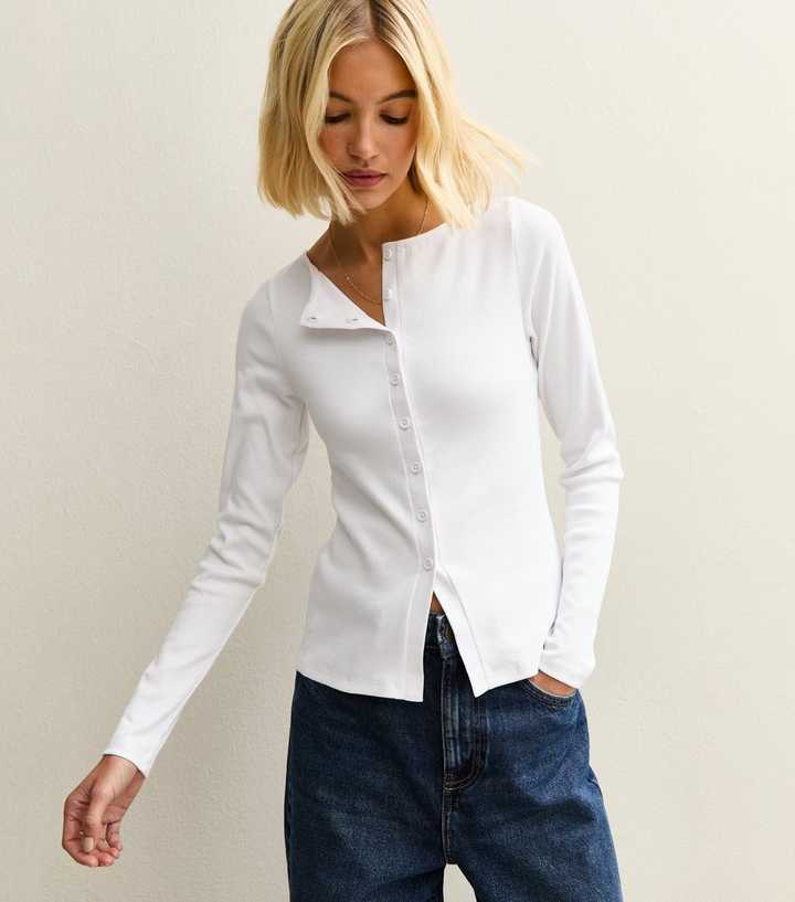 White Ribbed Button Through Long Sleeve Top