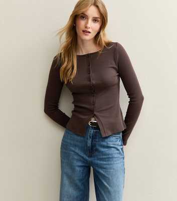 Brown Ribbed Button Through Long Sleeve Top
