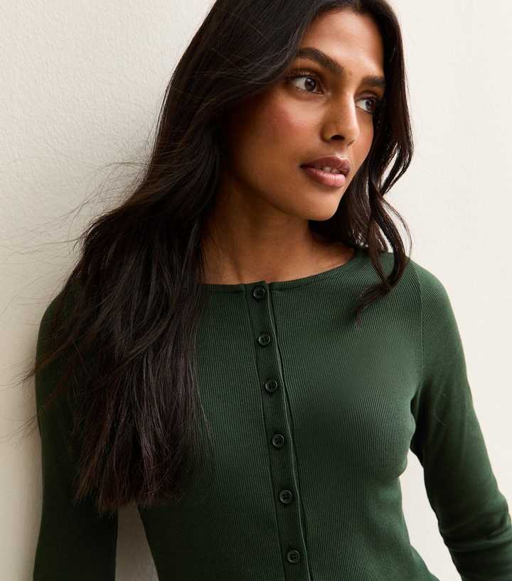 Dark Green Ribbed Button Through Long Sleeve Top