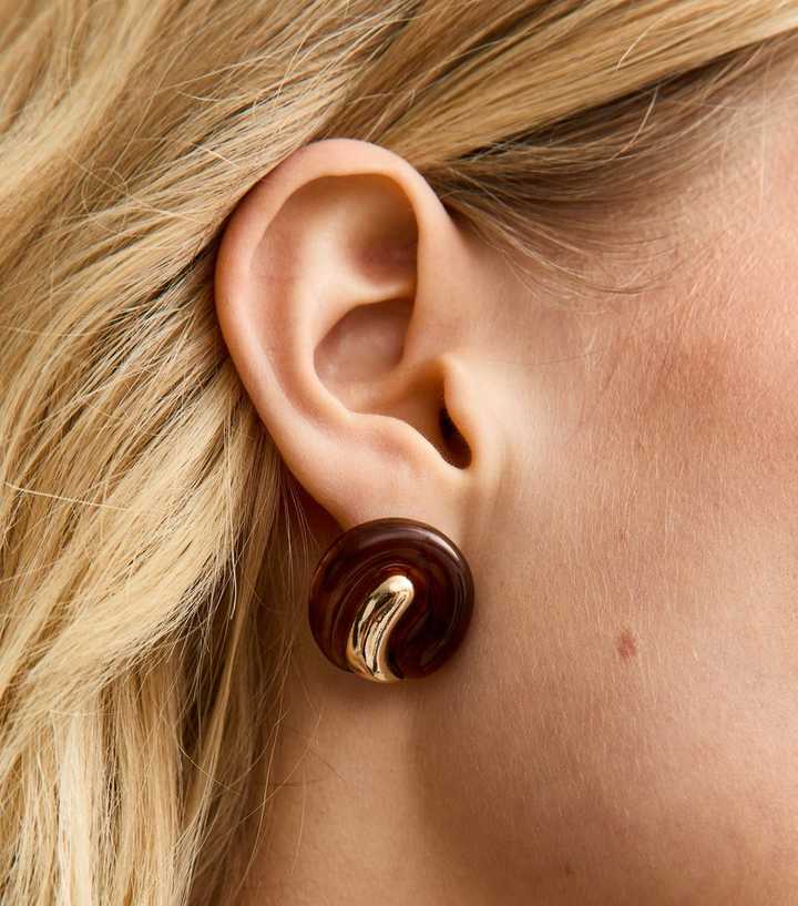 Brown Tortoise Effect Circular Earrings 