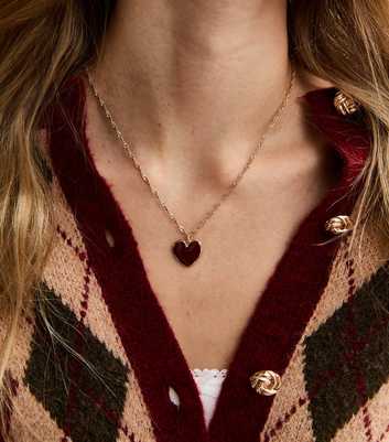 Gold Tone Burgundy Enamel Heart Pendant Necklace