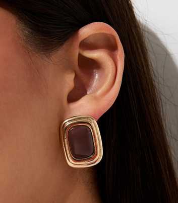 Dark Brown Contrast Stone Rectangular Earrings
