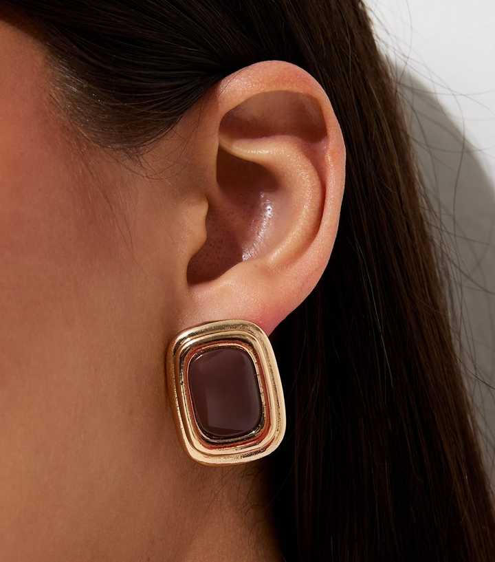 Dark Brown Contrast Stone Rectangular Earrings