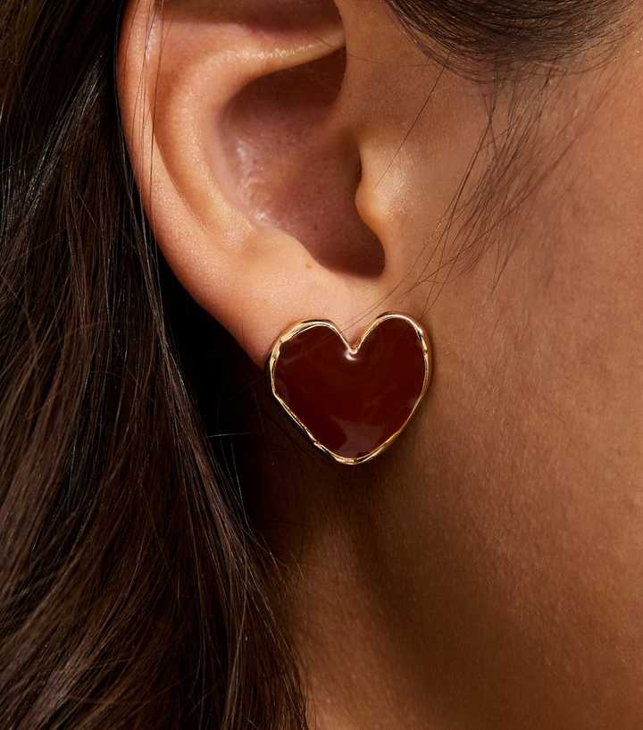 Gold Tone Burgundy Enamel Heart Gold Stud Earrings