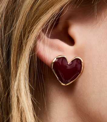 Gold Tone Burgundy Enamel Heart Gold Stud Earrings