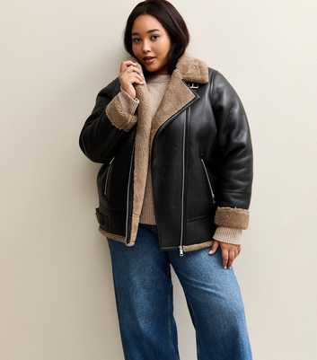 Curves Black Faux Fur Trim Aviator Jacket