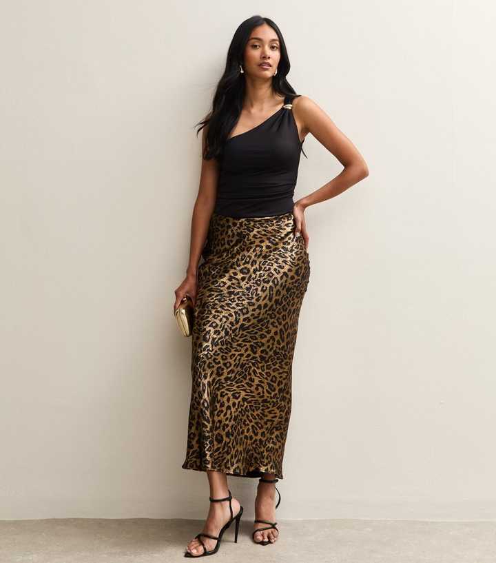 Gold Animal Print Satin Bias Cut Midi Skirt
