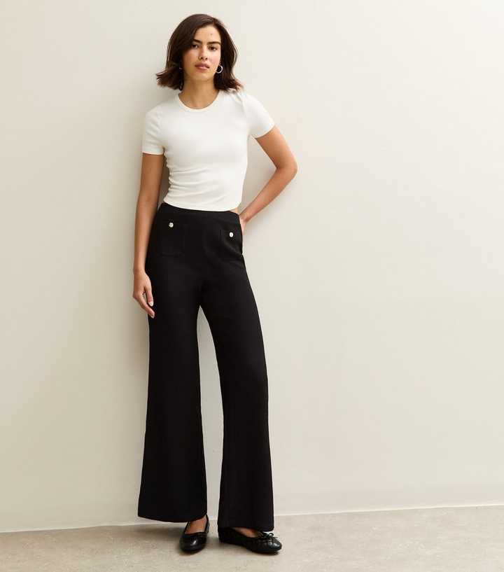 Black Textured Jersey Wide Leg Trousers