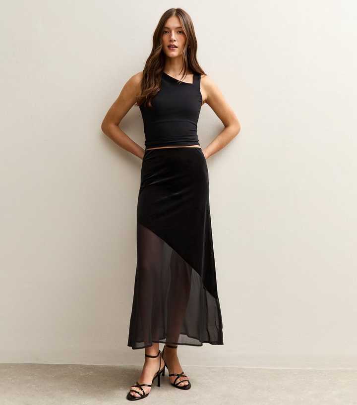 Black Chiffon and Velvet Midi Skirt