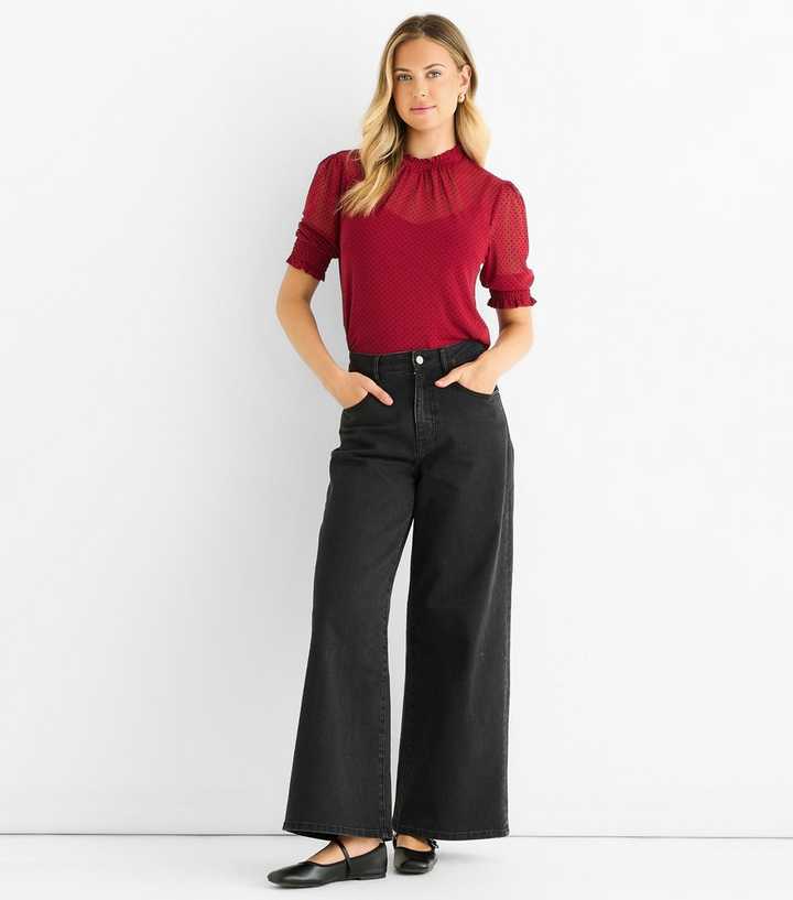 Gini London Red Polka Dot Mesh High Neck Top