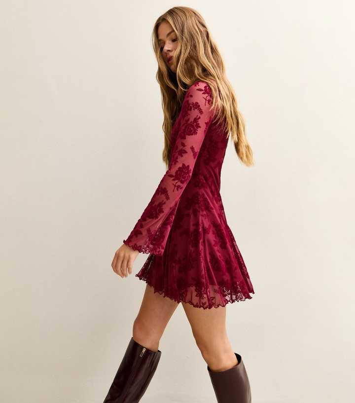 Burgundy Floral Print Skater Dress | New Look