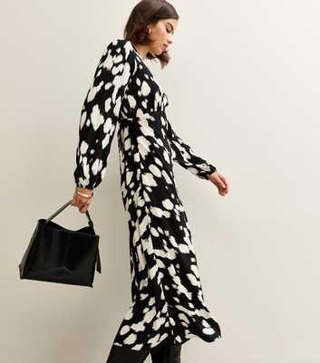 Black Abstract Patterned Long Sleeve Midi Dress