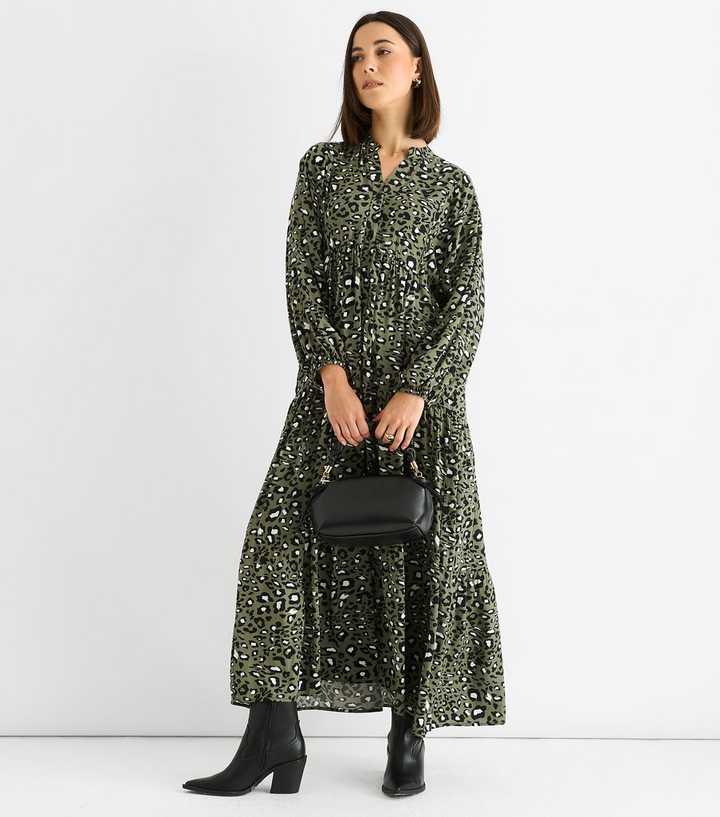 Gini London Light Khaki Animal Print Tiered Midi Dress
