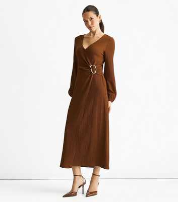 Gini London Mid Brown Textured Wrap Midi Dress