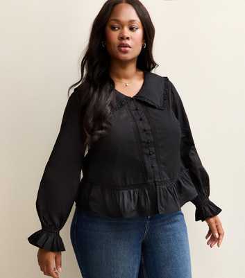 Curves Black Lace Insert Frilly Trimmed Shirt