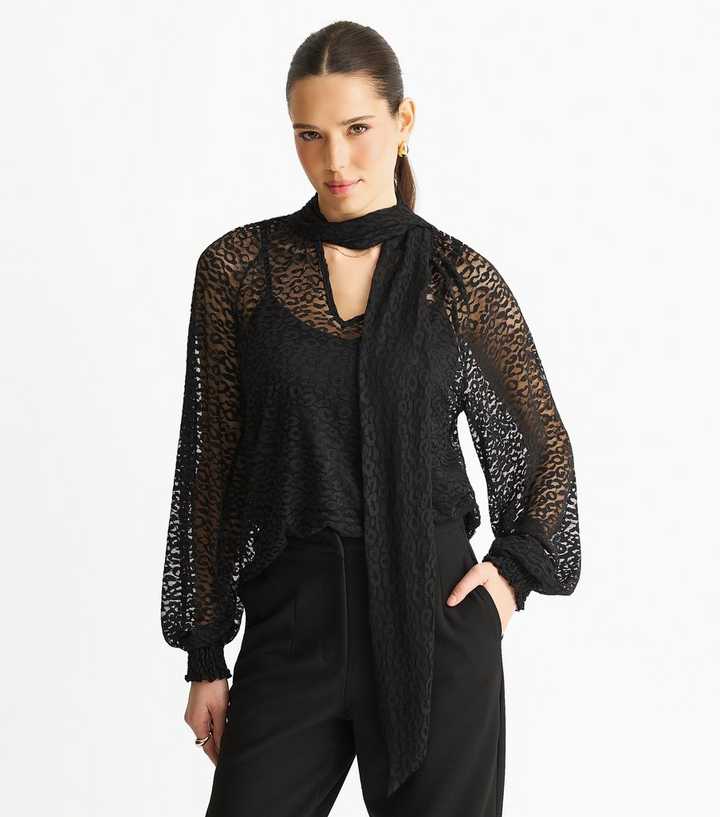 Gini London Black Animal Pattern Neck Tie Blouse