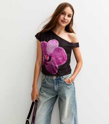 Girls Dark Brown Hibiscus Flower Print One Shoulder Top