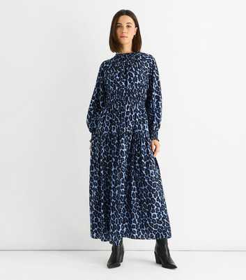 Gini London Blue Animal Print Shirred Midi Dress