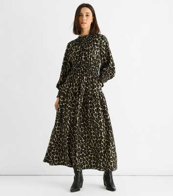 Gini London Khaki Animal Print Shirred Midi Dress
