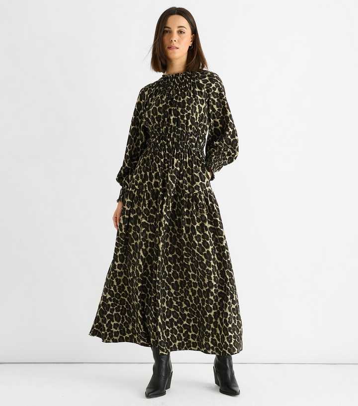 Gini London Khaki Animal Print Shirred Midi Dress
