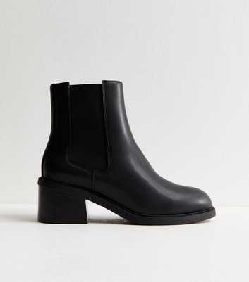 Wide Fit Black Faux Leather Chelsea Heeled Ankle Boots