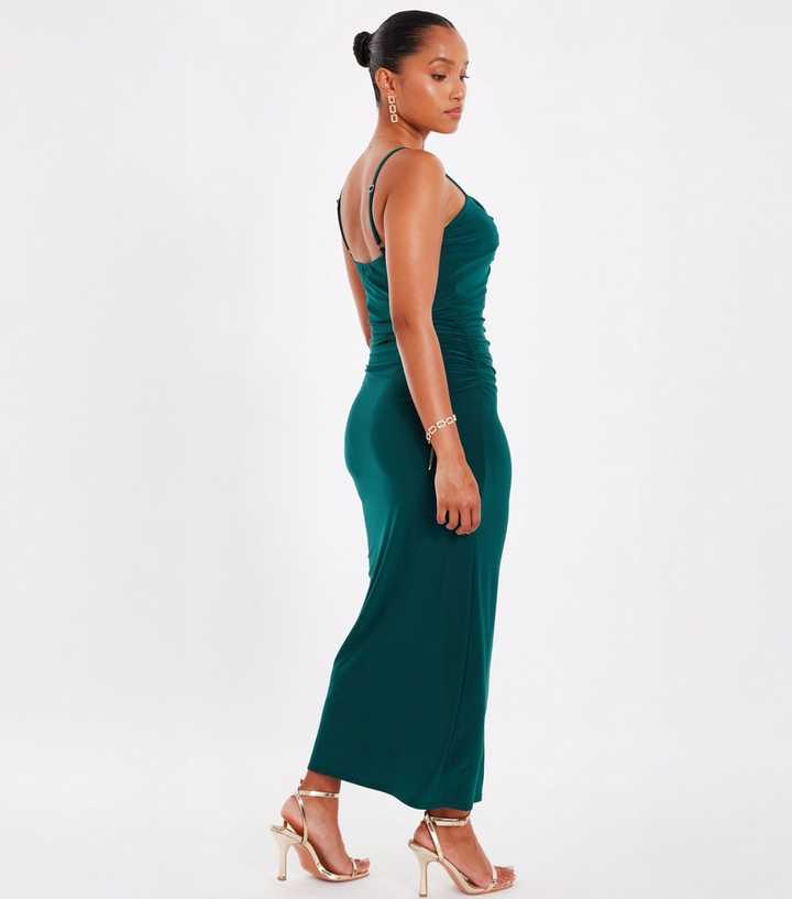 QUIZ Petite Dark Green Ruched Midaxi Dress | New Look