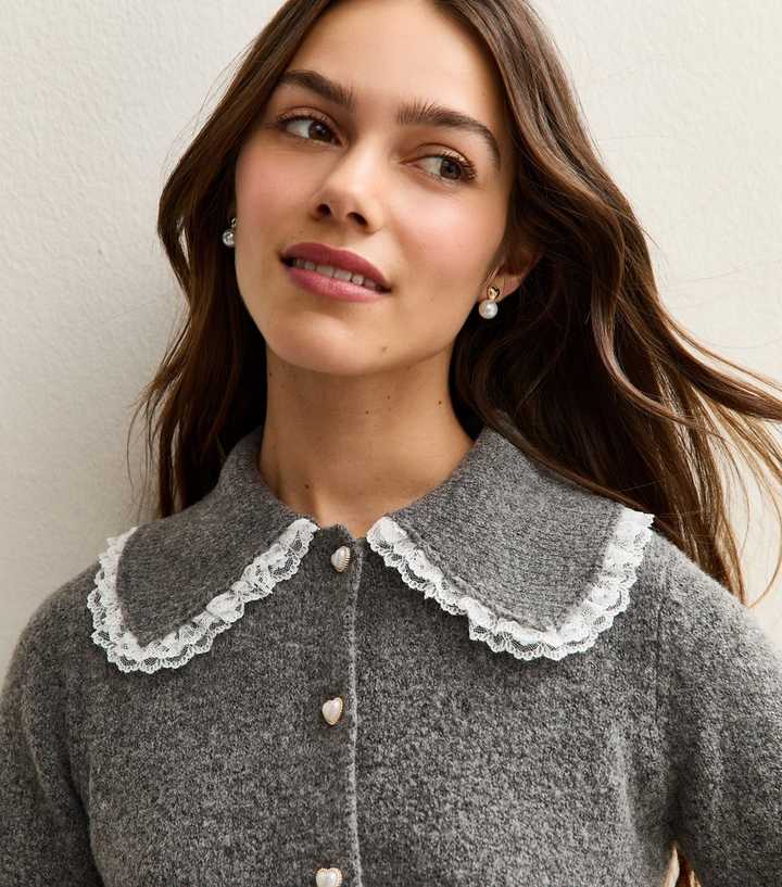 Petite Mid Grey Lace Collar Cardigan