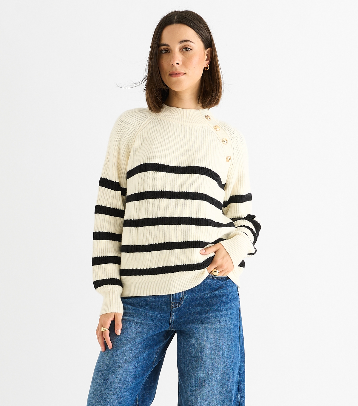 Gini London Women's Cream Striped Button Detail Jumper New Look Large